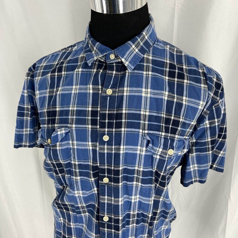 Lucky Brand Mens Button Front Short Sleeve Blue Cotton Shirt 2XL XXL